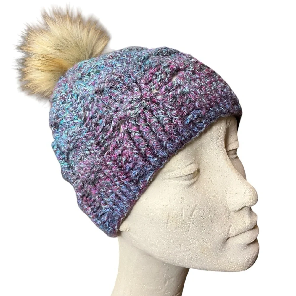 Cable Knit Crochet Beanie Hat Handcrafted With Faux Fur Pom Handmade Purple Blue